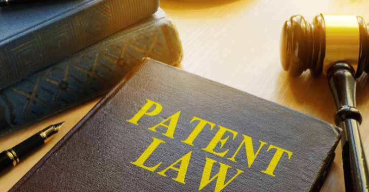 Patent lawyer examining technical drawings with an inventor