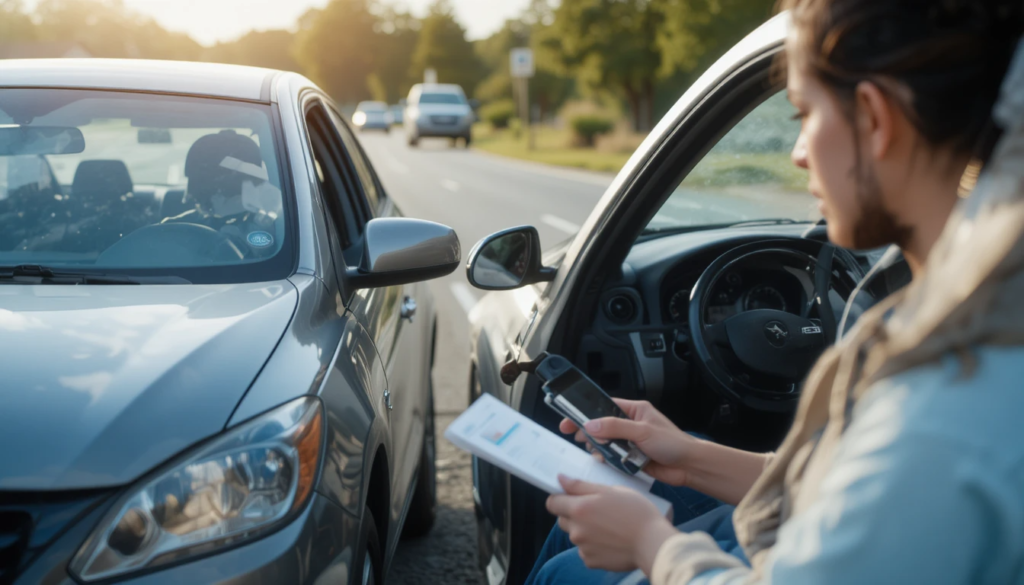 Driver photographing vehicle damage after a road collision